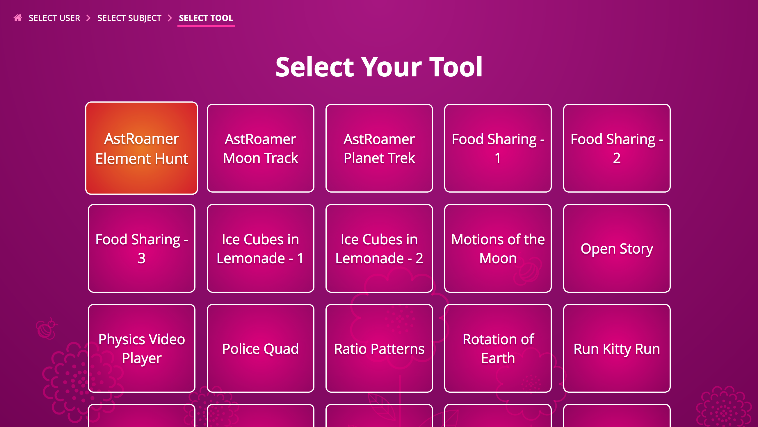 Tools screen where you can pick from many interactive tools