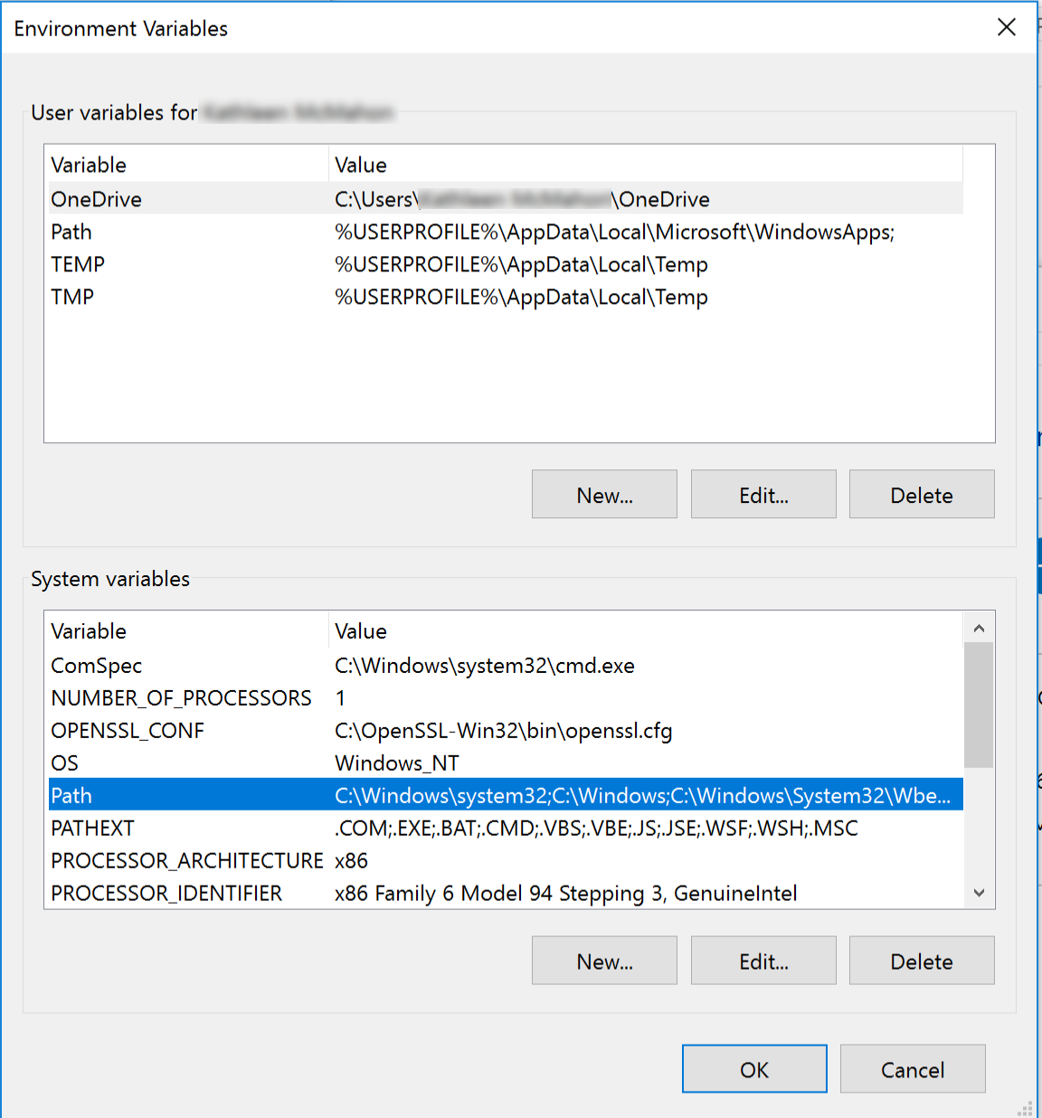 System Variables modal