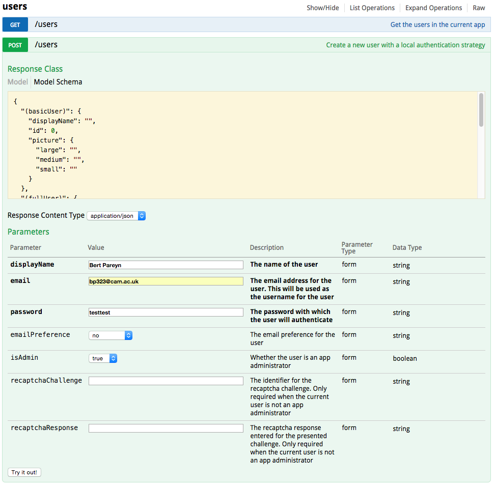 Creating a user through Swagger