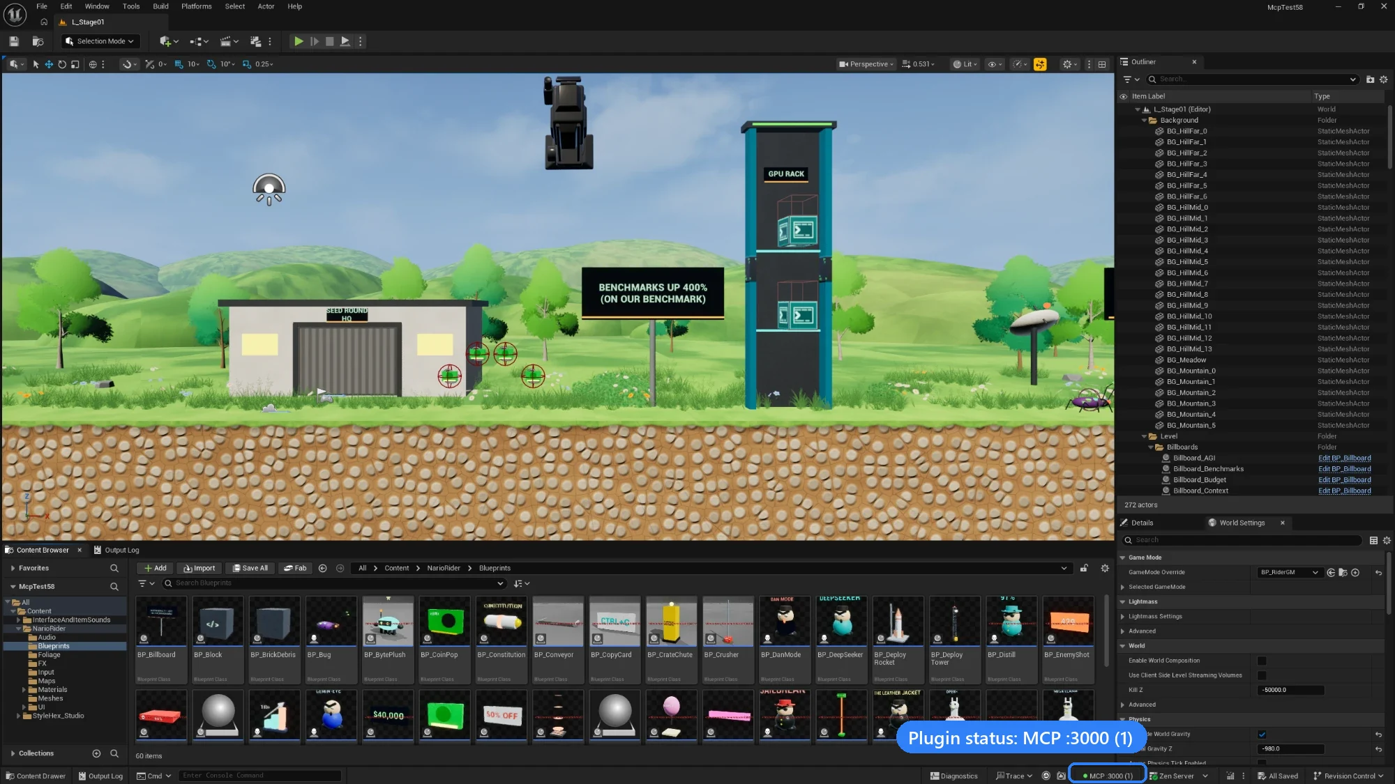 Unreal Editor 5.8 showing a platformer level built with the MCP; the status bar reads MCP :3000 (1)