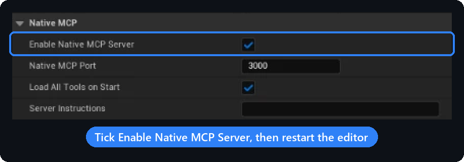 The Native MCP section of the plugin settings, with Enable Native MCP Server ticked