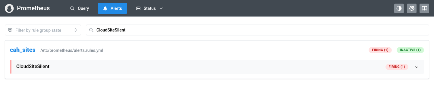 The Prometheus alerts page filtered to CloudSiteSilent, one alert firing for the site that was silenced