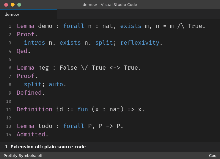 Coq example: plain code, extension enabled, clicking a symbol reveals the original