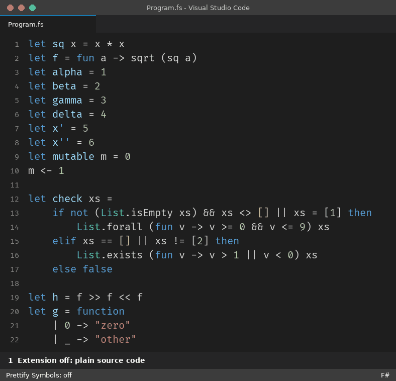 F# example: plain code, extension enabled, clicking a symbol reveals the original