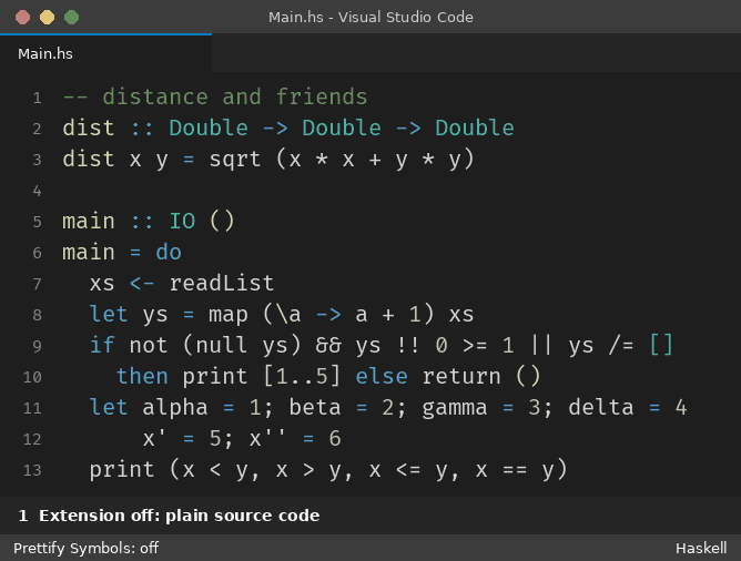 Haskell example: plain code, extension enabled, clicking a symbol reveals the original