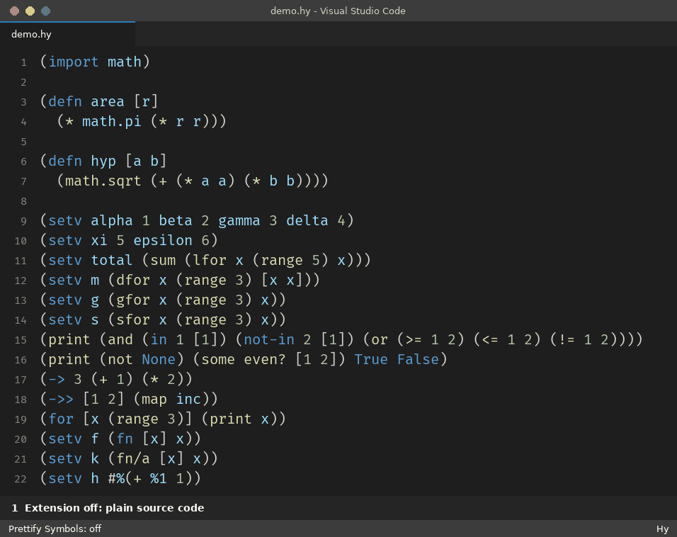 Hy example: plain code, extension enabled, clicking a symbol reveals the original