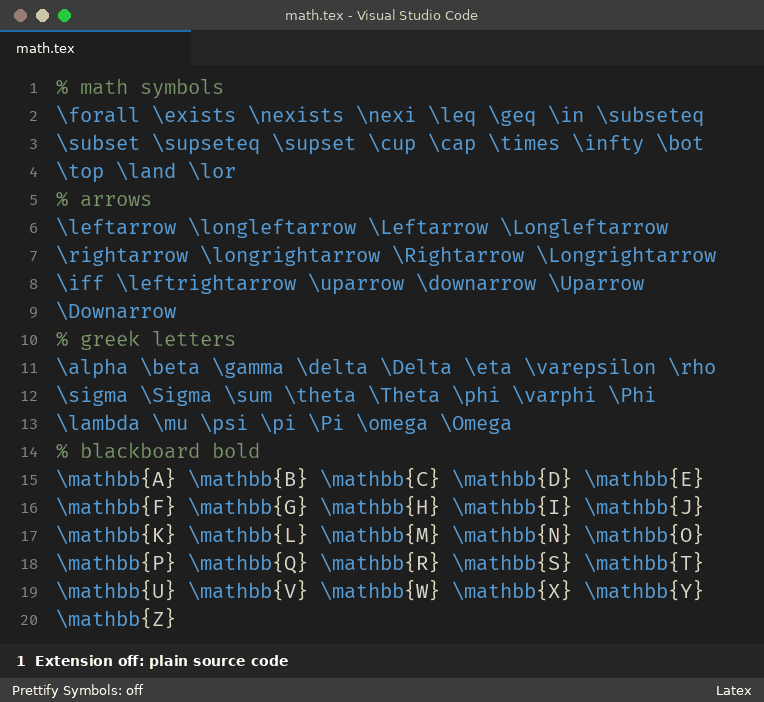 Latex example: plain code, extension enabled, clicking a symbol reveals the original