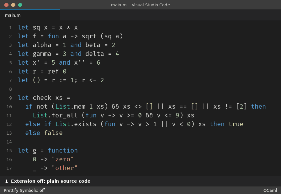 OCaml example: plain code, extension enabled, clicking a symbol reveals the original