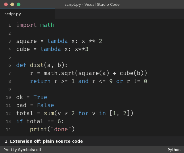 Python example: plain code, extension enabled, clicking a symbol reveals the original
