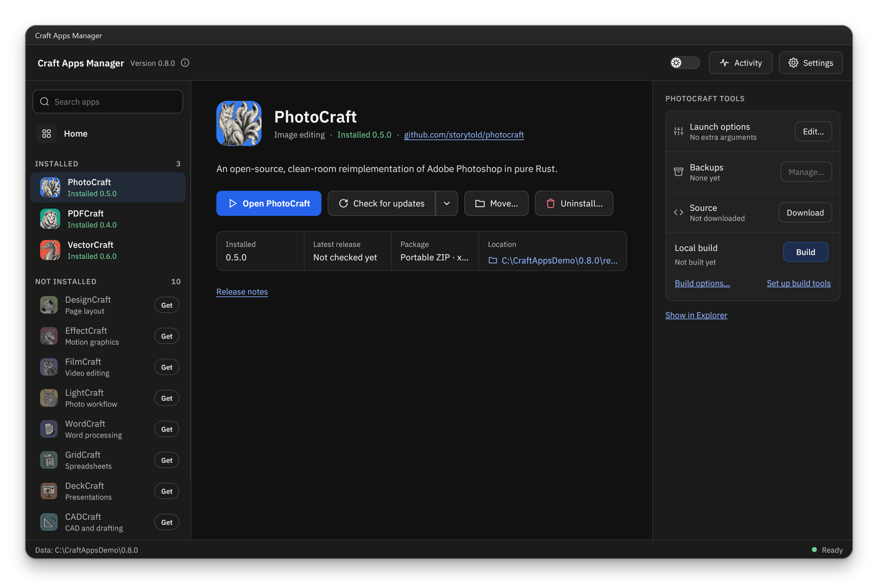PhotoCraft's page in Craft Apps Manager