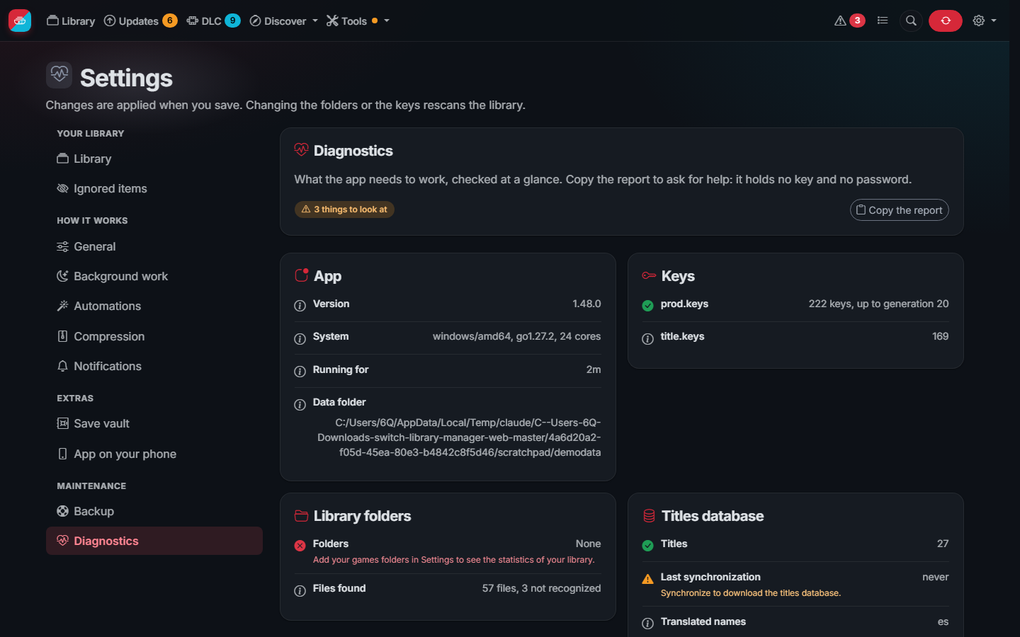 The Diagnostics page