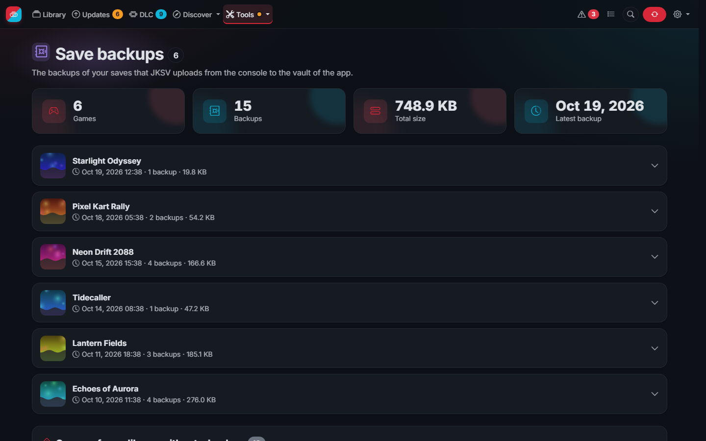 The Save backups page