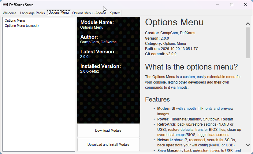 Options Menu tab
