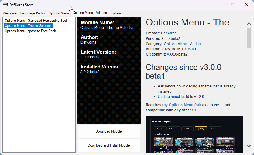Options Menu - Addons tab