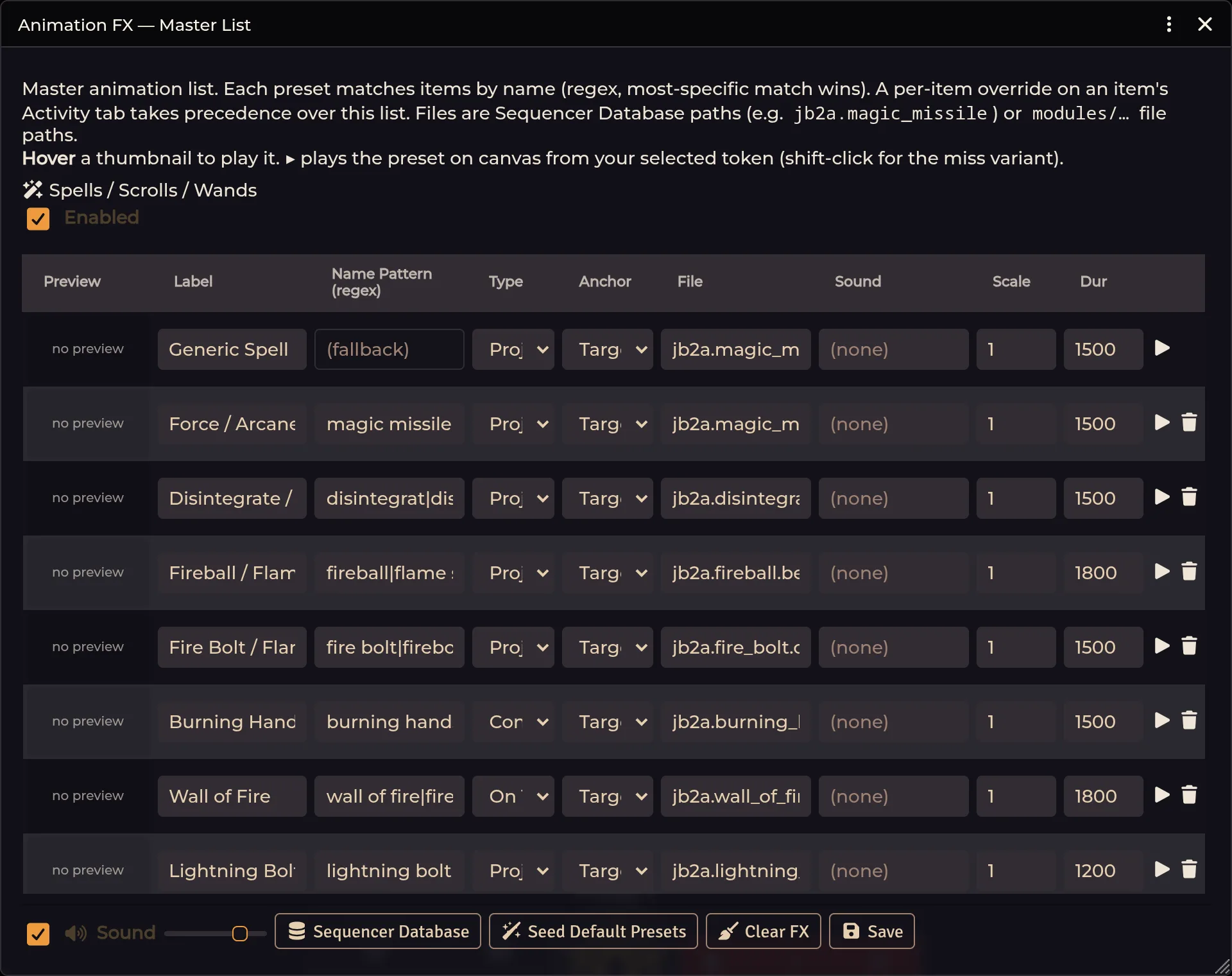 Animation FX Master List — preset table with previews, categories, and sound controls