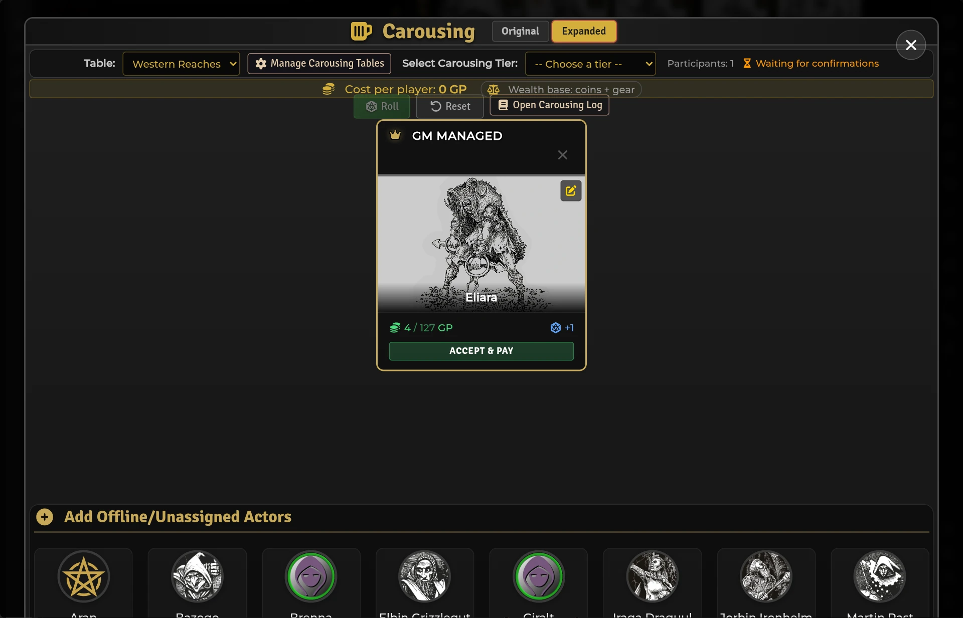 The shared Carousing overlay with participant cards, tier controls, and the GM-managed roster
