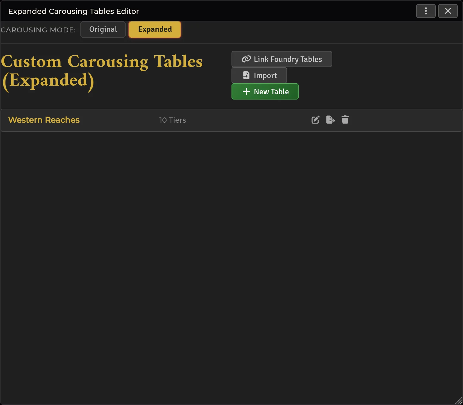Carousing Tables — the expanded editor with mode switch and custom tables