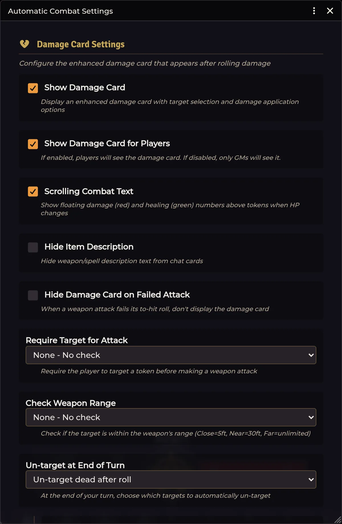 Combat Settings — damage card options, sub-settings, and multipliers