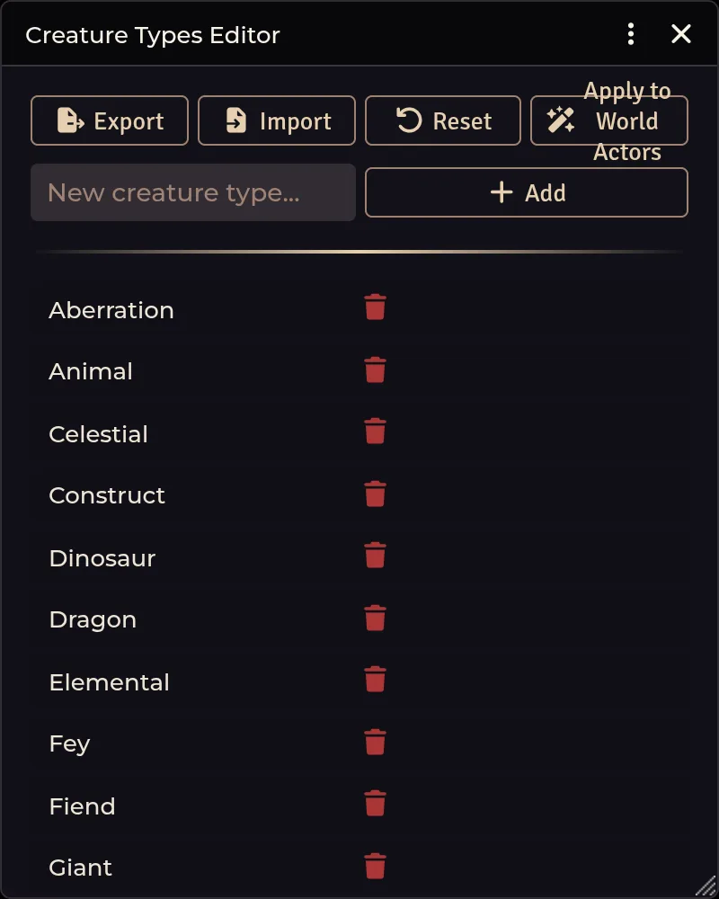 Manage Creature Types — the type list with export, import, reset, and bake