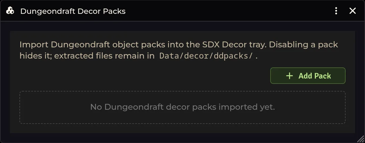 Dungeondraft Decor Packs — import panel with the empty state