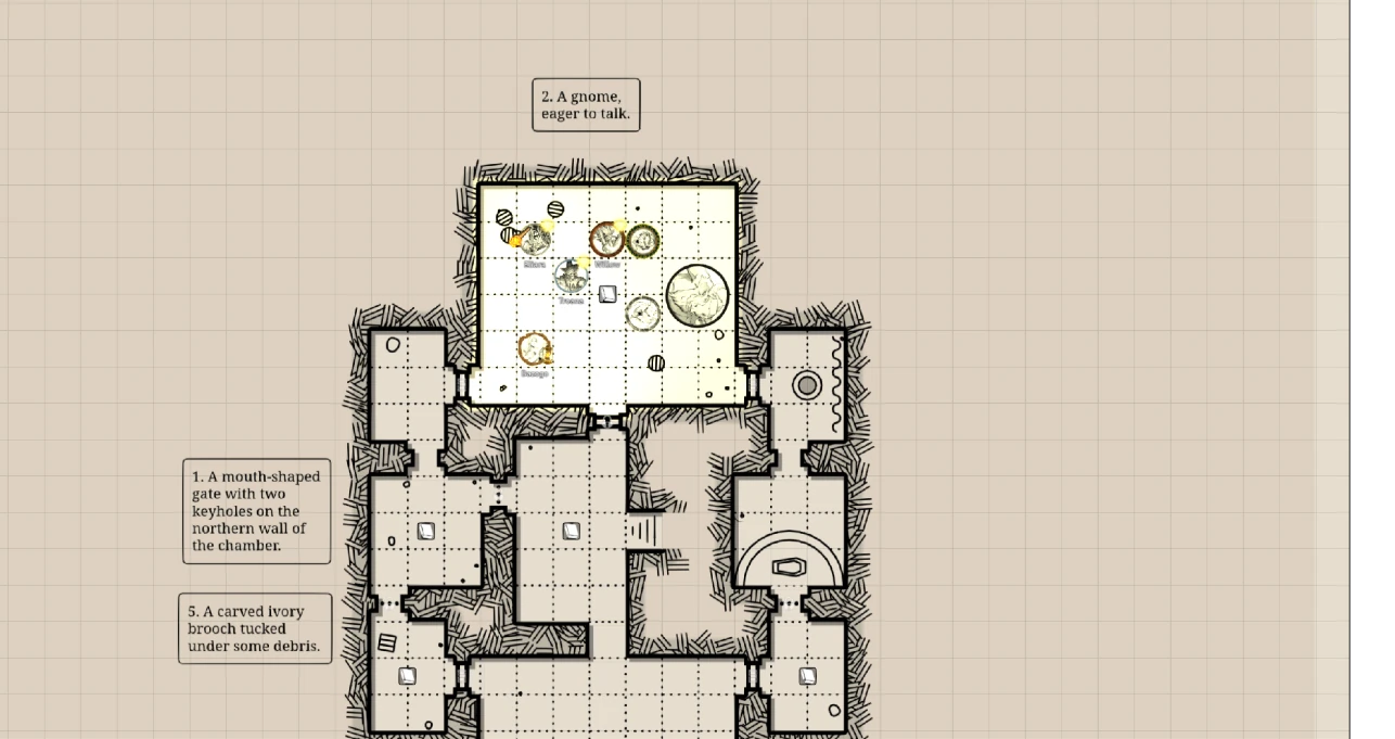A generated dungeon Scene with a complete room-and-corridor layout