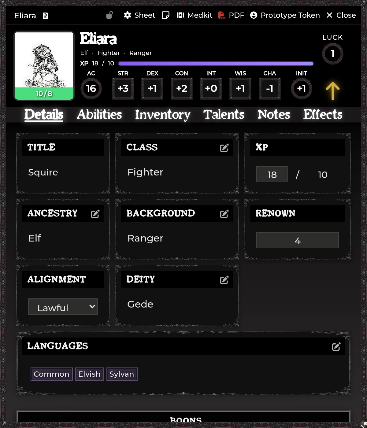 An enhanced Player sheet with portrait HP wave, summary header, and themed tabs