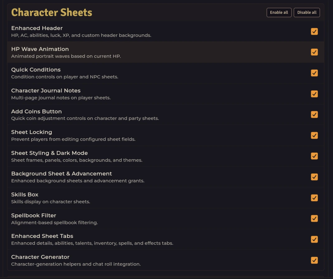 Character Sheets — 12 toggles from Enhanced Header through Character Generator