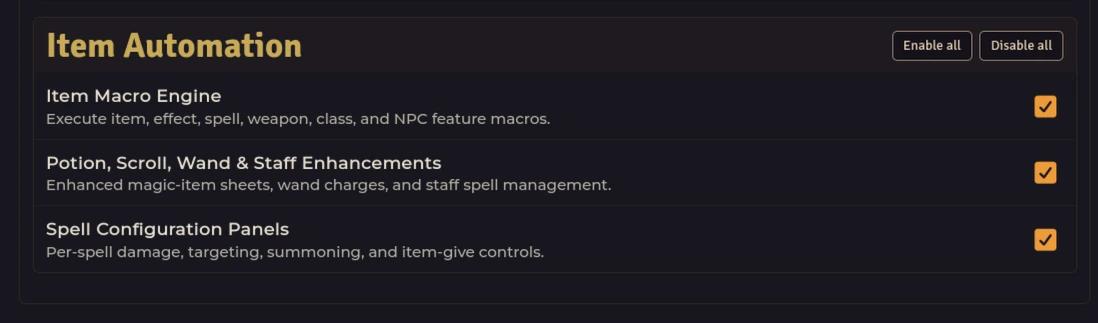 Item Automation — Item Macro Engine, Potion/Scroll/Wand Enhancements, Spell Configuration Panels
