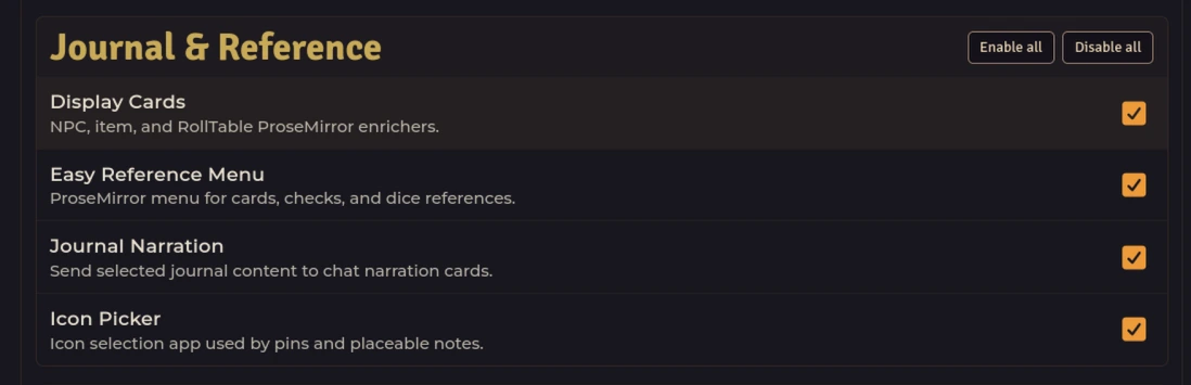 Journal & Reference — Display Cards, Easy Reference Menu, Narration, Icon Picker