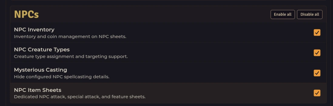 NPCs — NPC Inventory, Creature Types, Mysterious Casting, Item Sheets