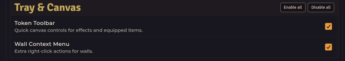 Tray & Canvas — Token Toolbar and Wall Context Menu