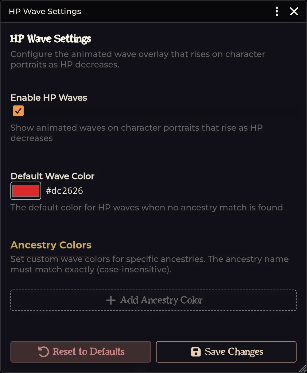 HP Wave Animation — enable, default color, and ancestry color rows