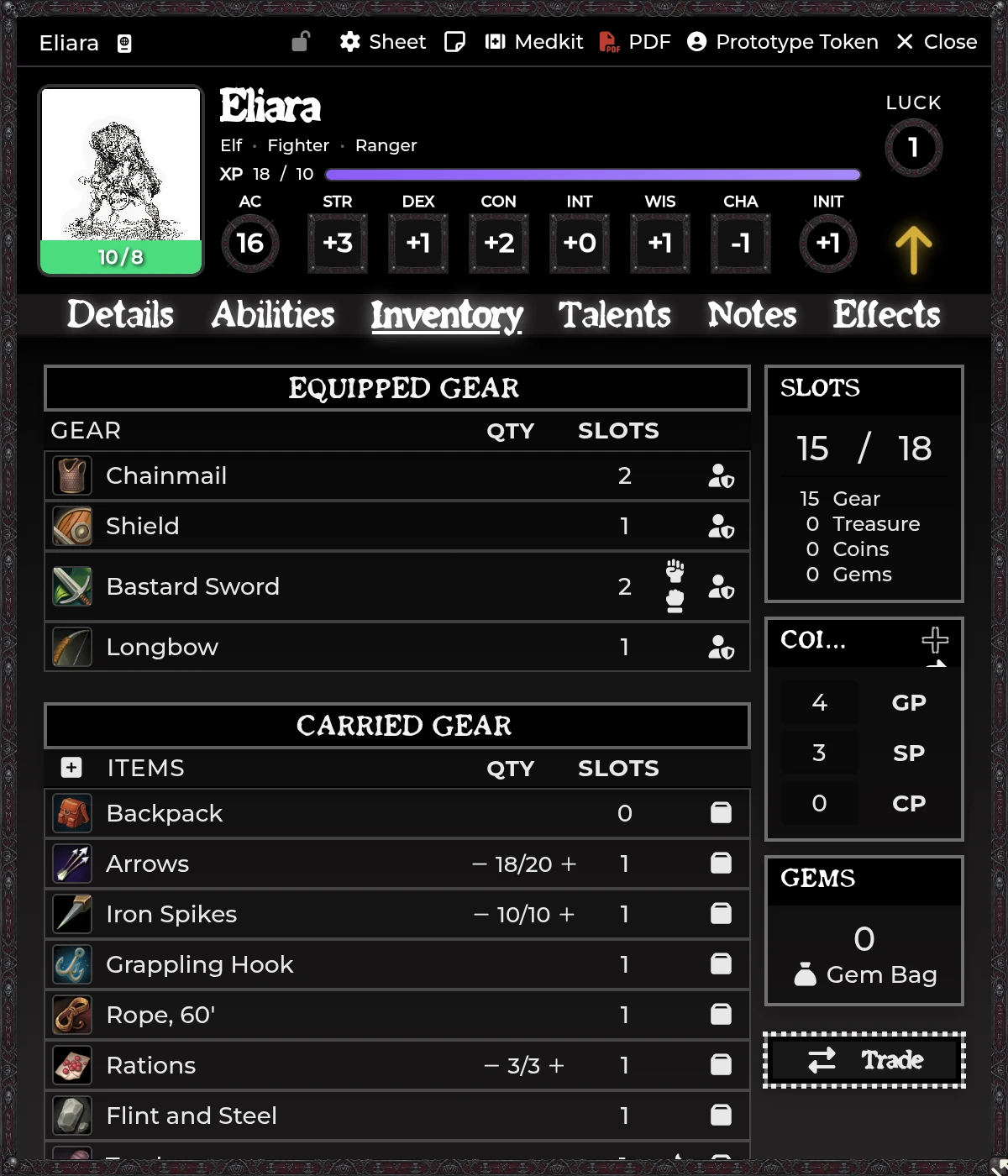 An enhanced Player inventory showing equipped gear, carried gear, slots, coins, and trading