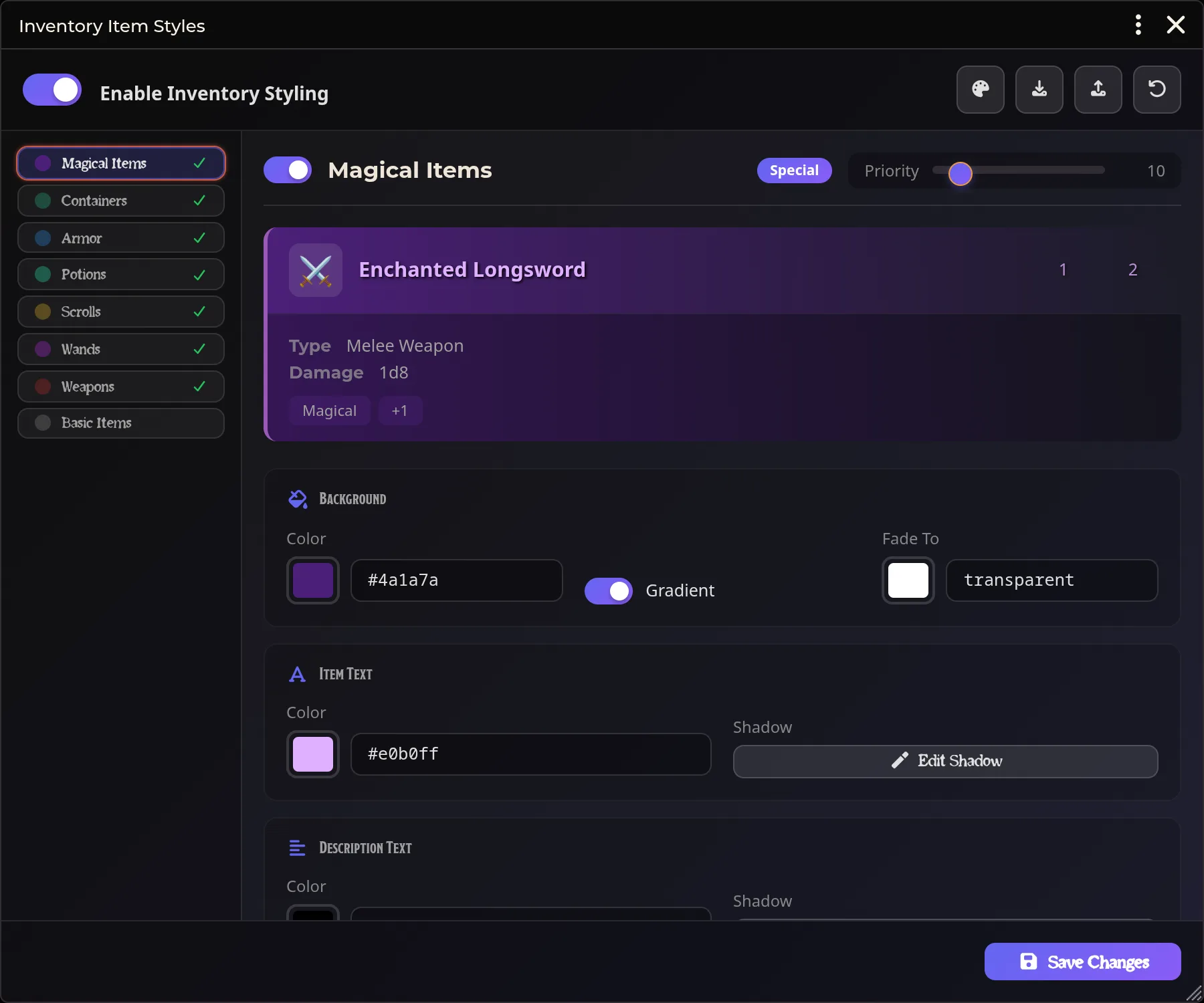 Inventory Item Styles — theme editor with per-category tabs