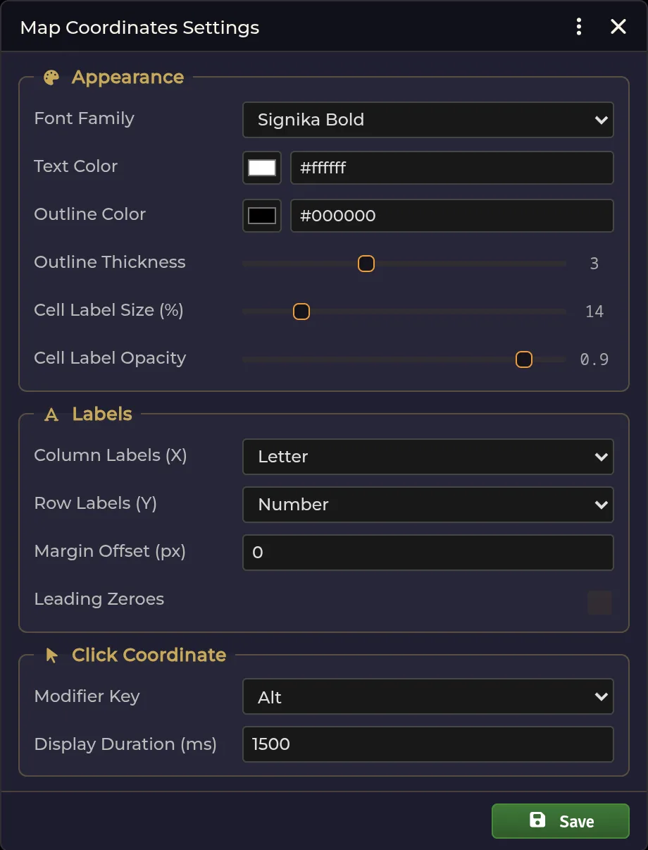 Map Coordinates Settings — appearance, labels, and click coordinate