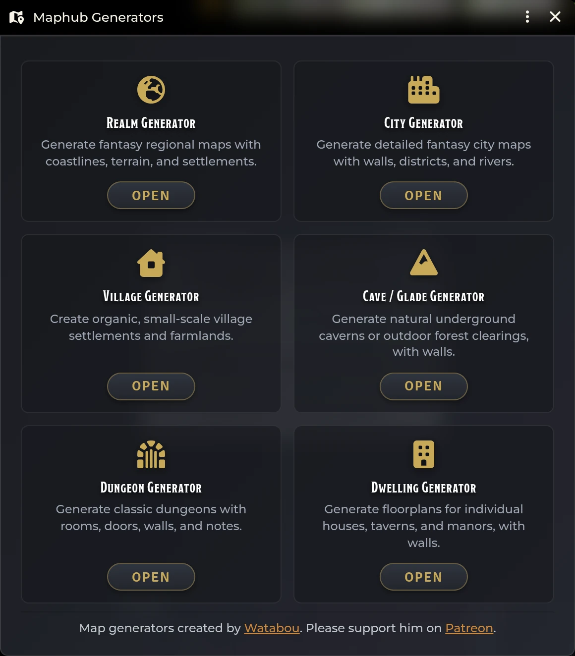 The Maphub launcher with all six bundled map generators