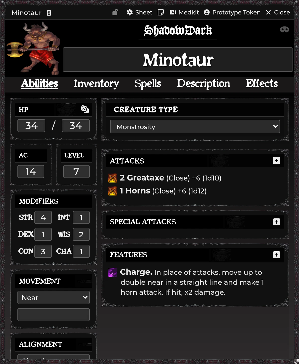 An NPC sheet with its creature type, attacks, and features visible