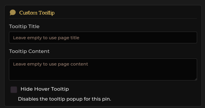 Custom Tooltip section — Tooltip Title and Tooltip Content fields, both showing "Leave empty to use page…" placeholders, above the Hide Hover Tooltip checkbox