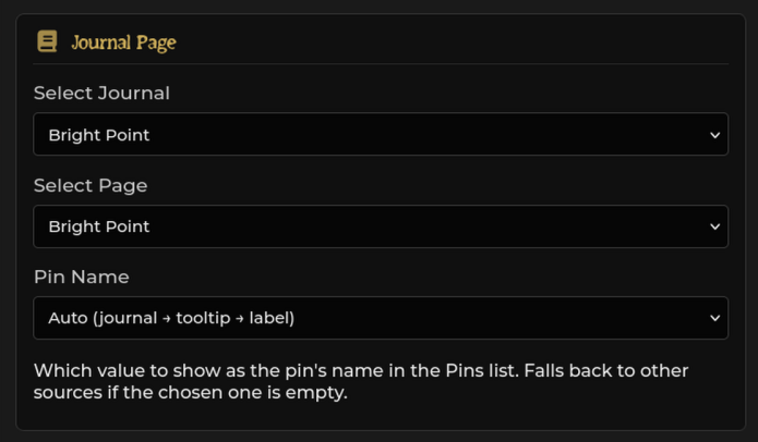 Journal Page section — Select Journal and Select Page dropdowns with Pin Name set to "Auto (journal → tooltip → label)"