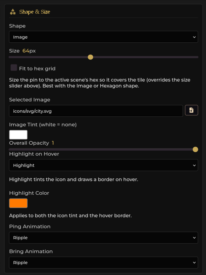 Shape & Size section with Shape set to Image — Size 64px, Fit to hex grid, Selected Image icons/svg/city.svg, Image Tint, a single Overall Opacity slider, and the Highlight on Hover / Ping / Bring animation pickers