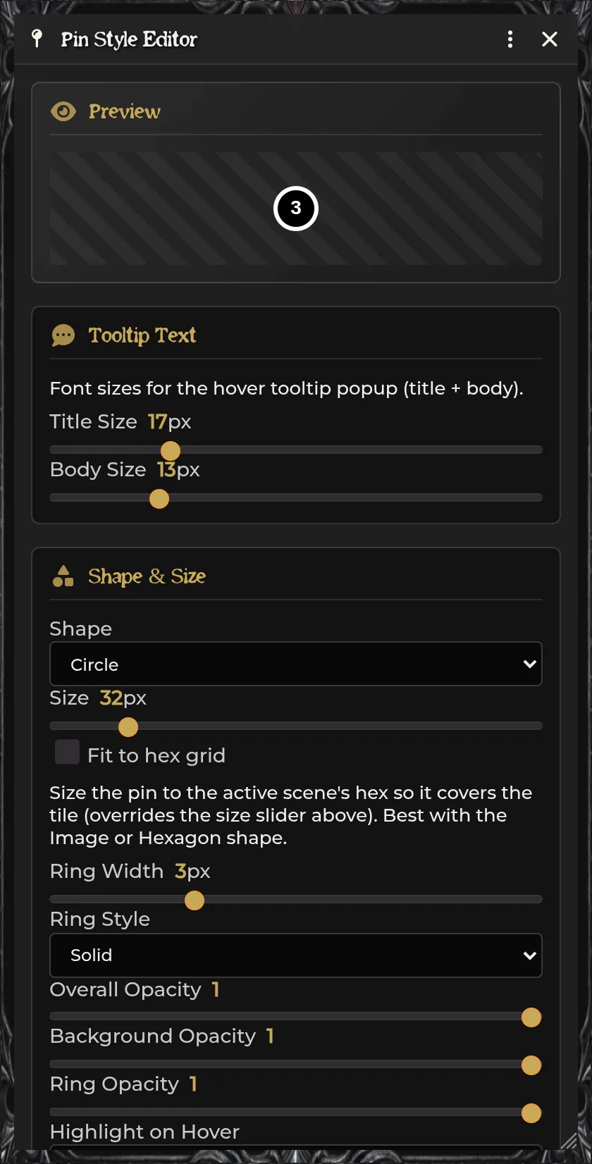 Pin Style Editor — preview, visibility, shape, colors, and label options