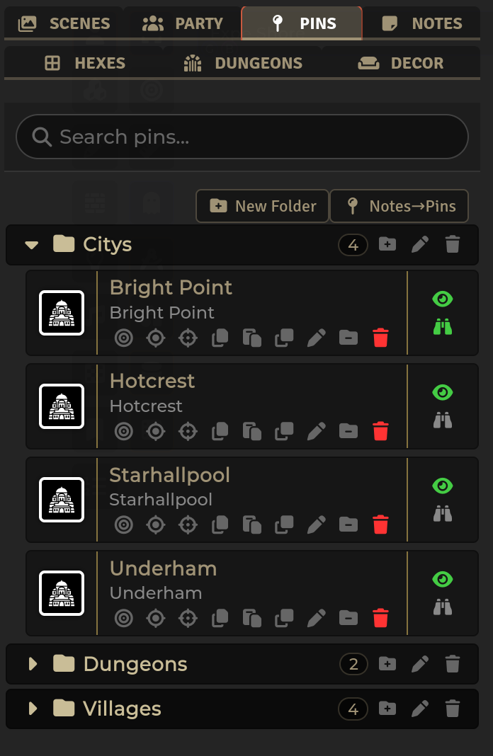 The Pins tab — search box, New Folder and Notes→Pins buttons, and pins grouped into collapsible folders. Each row carries pan / ping / bring, copy / paste / duplicate style, edit, move-to-folder and delete controls, with the eye and binoculars on the right toggling player visibility and Requires Vision