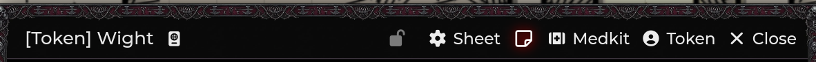 A token configuration window's header bar — the SDX Notes button, a highlighted sticky-note icon, sits between Sheet and Medkit