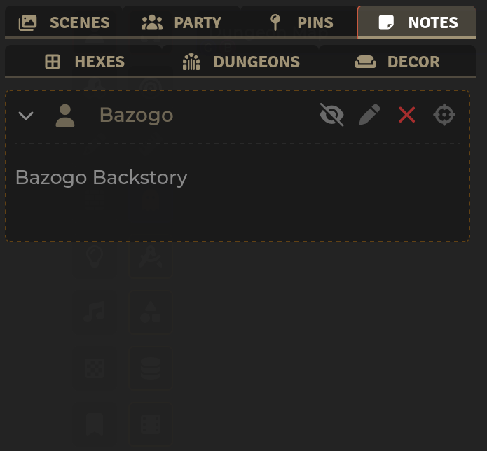 The tray's Notes tab — an expanded note on the token "Bazogo" reading "Bazogo Backstory", with collapse, hide-from-players, rename, delete, and pan-to-object controls on the row