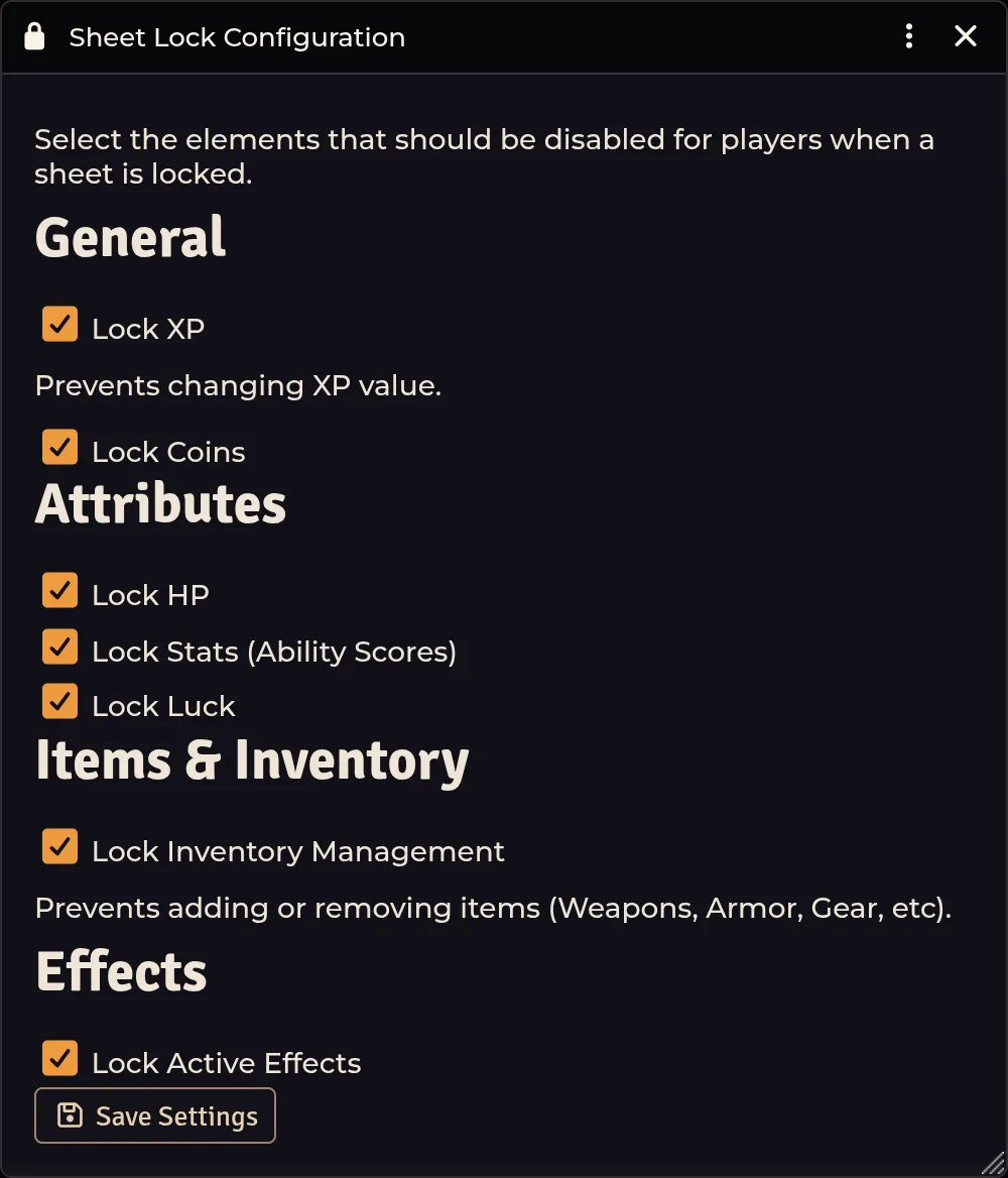 Sheet Lock Configuration — General, Attributes, Items & Inventory, and Effects sections
