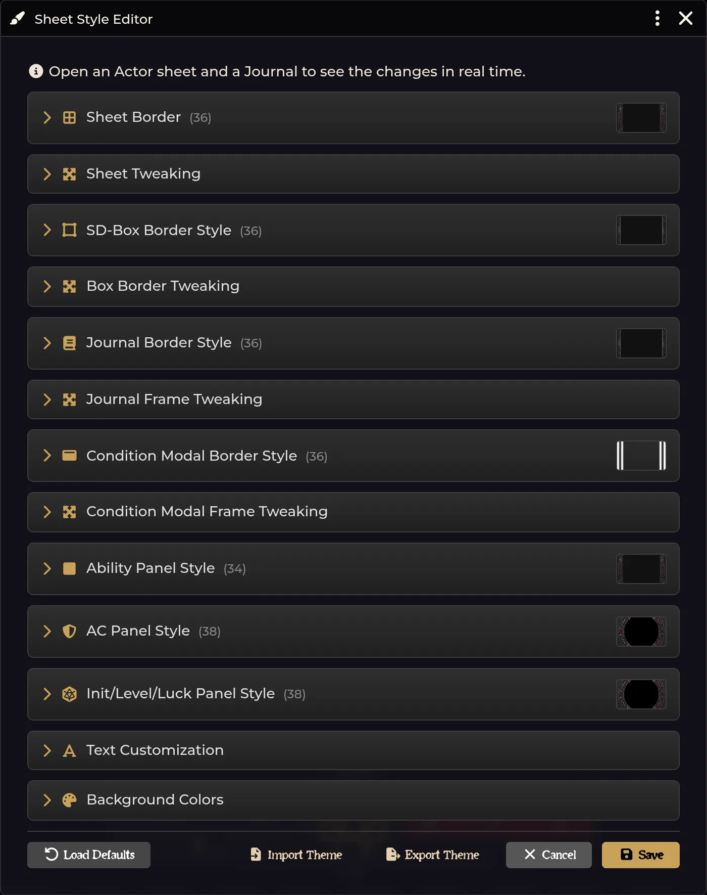 Sheet Style Editor — border pickers, tweaking fields, and text colors