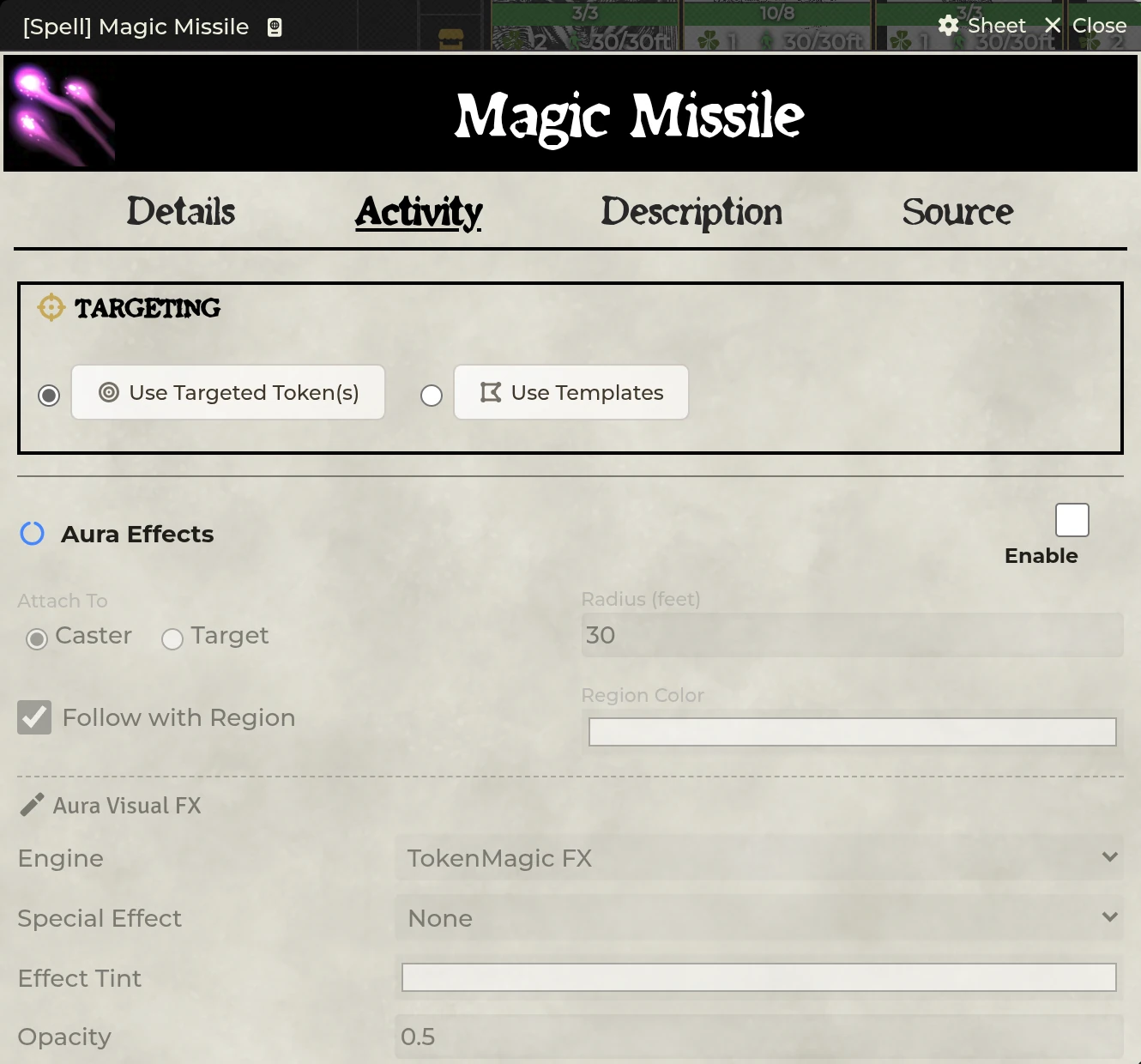 A Spell Activity tab showing targeted-token, template, and aura automation controls