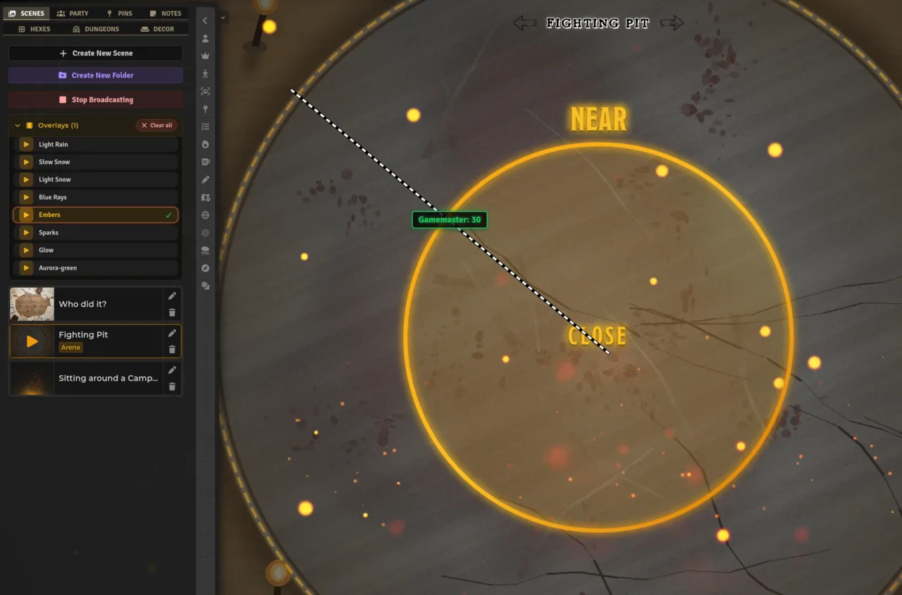 Fighting Pit broadcast — fullscreen arena with isometric grid and stacked overlays