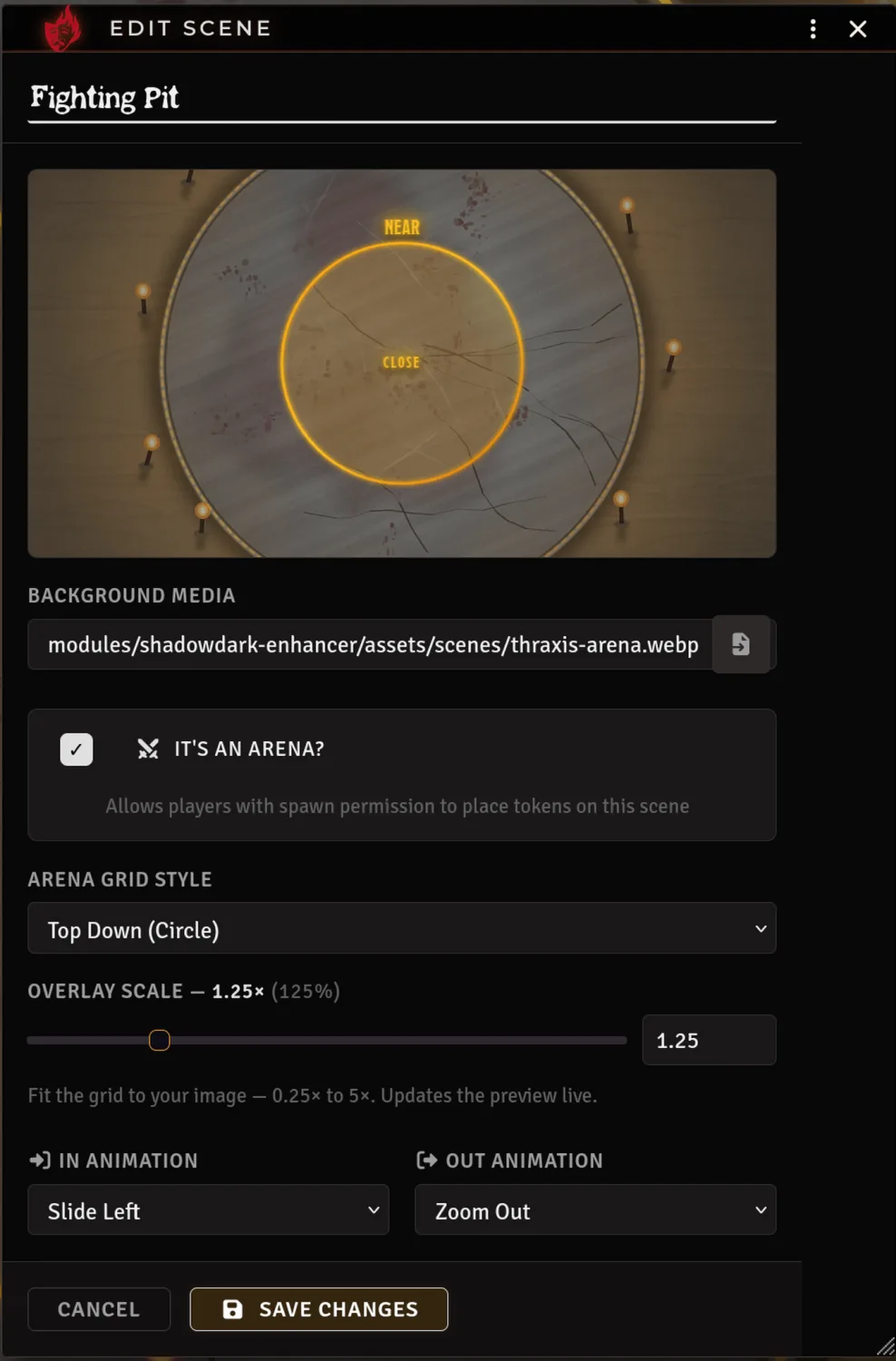 Edit Scene — live preview with arena grid and Overlay Scale