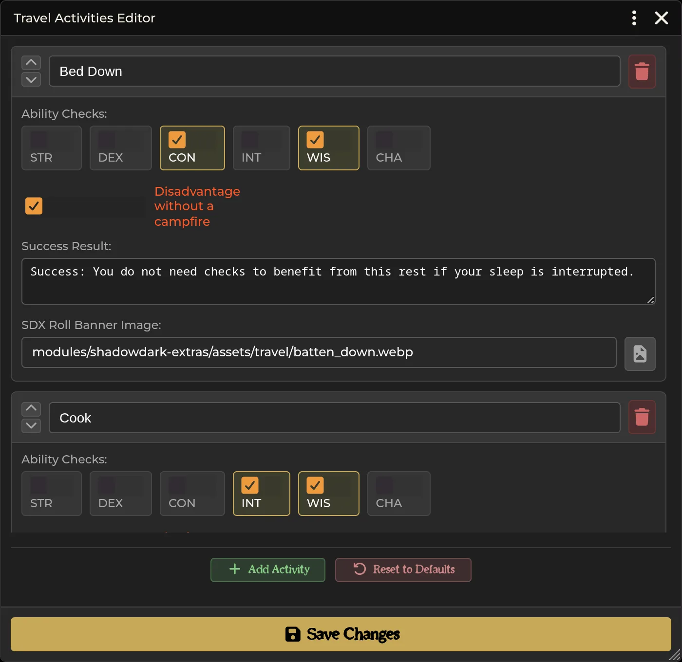 Travel Activities — reorderable activity rows with abilities and banner images